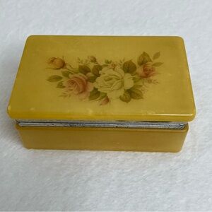 Vintage Yellow Alabaster  Italy Floral Jewelry Trinket Box **BROKEN**